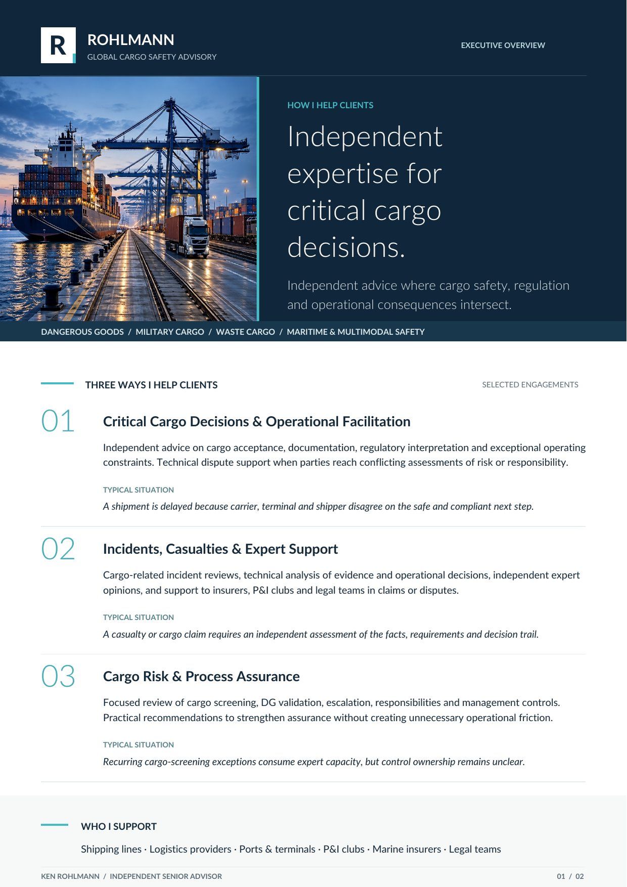 Executive Overview page 1: three ways I help clients, typical situations and who I support