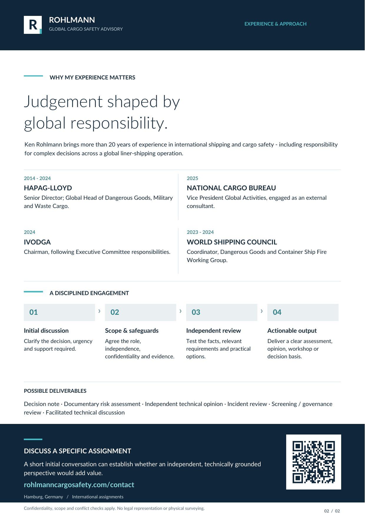 Executive Overview page 2: experience, engagement approach, deliverables and contact QR code